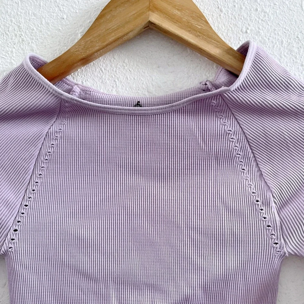 FREE PEOPLE Movement Cut It Out Long‎ Sleeve Ribbed Lavender Top Size XS/S